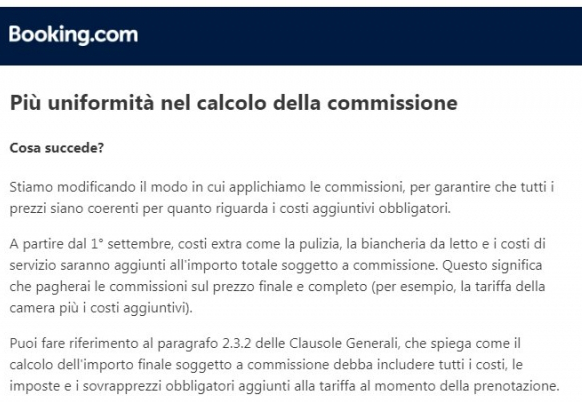 Nuovo metodo per il calcolo delle commissioni Booking che i gestori di strutture extra alberghiere dovranno versare