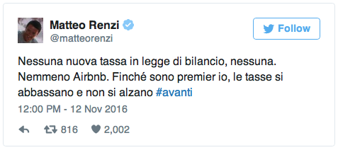 Tweet di Renzi su ritiro emendamento Airbnb