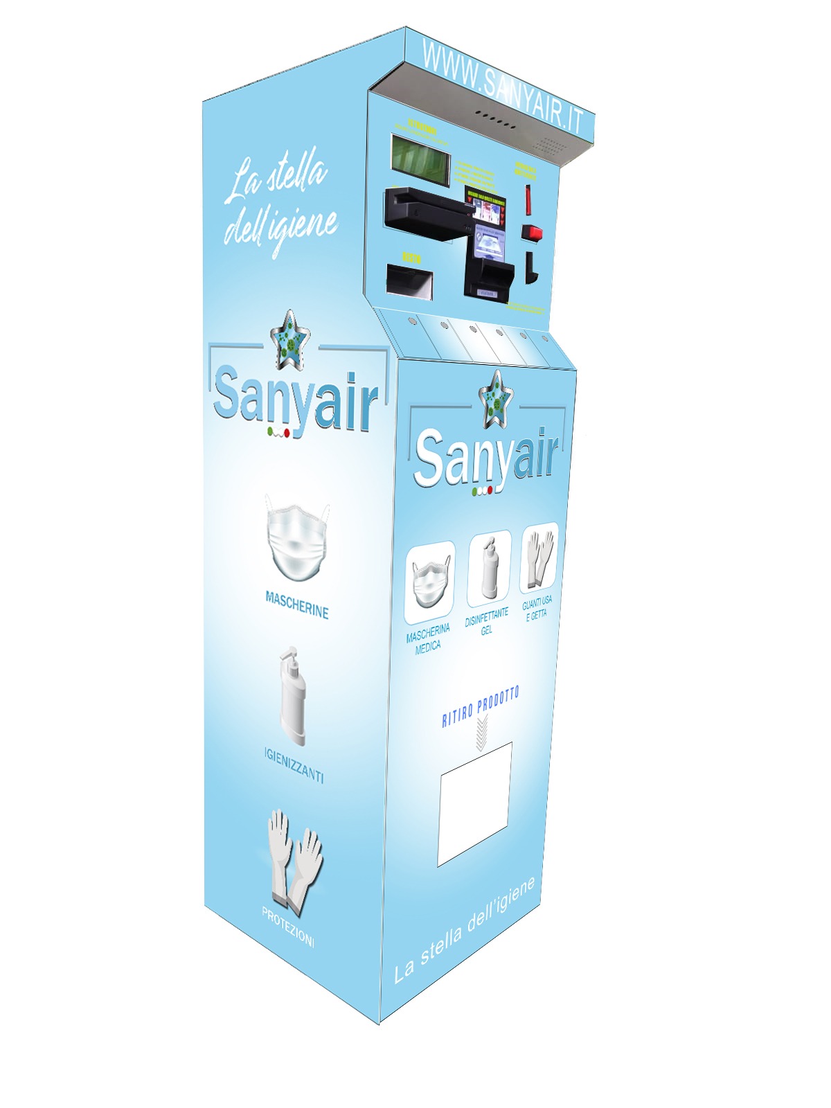 distributore automatico prodotti per l'igiene personale, mascherine, gel disinfettante per mani, guanti monouso.